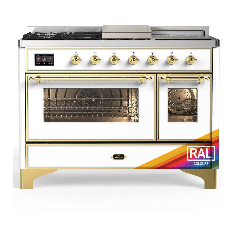 Ilve UM48FSNR3RAG Ilve Um48Fsnr3Rag Majestic Iii 48 Inch Dual Fuel Range With 5 Black Brass Burners, Griddle And French Top, Dual Function Burner Up To 25,000 Btu (Natural Gas, Triple Glass Door, Ral, Brass)