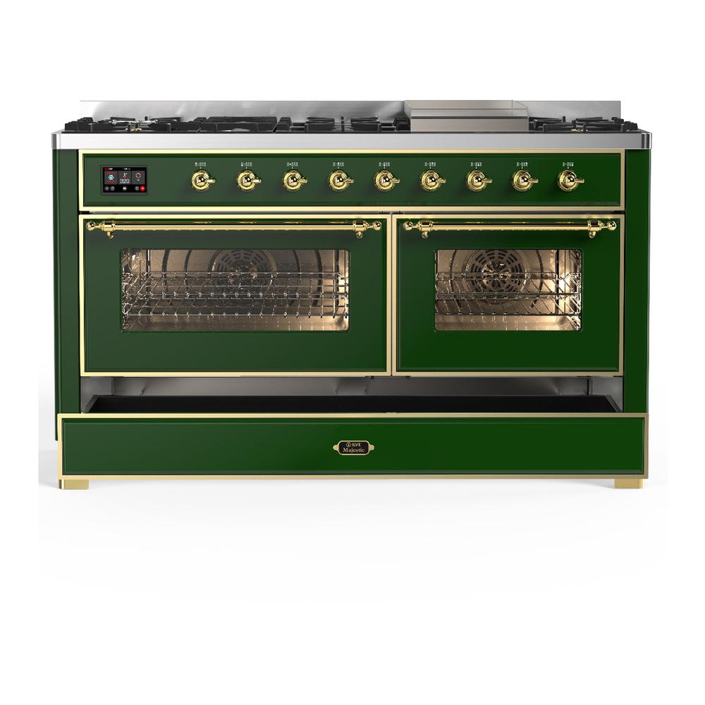 Ilve UM60FNR3EGG Ilve Um60Fnr3Egg Majestic Iii 60 Inch Dual Fuel Range With 9 Burners And Griddle, Dual Function Burner Up To 25,000 Btu (Natural Gas, Triple Glass Door, Emerald Green, Brass)