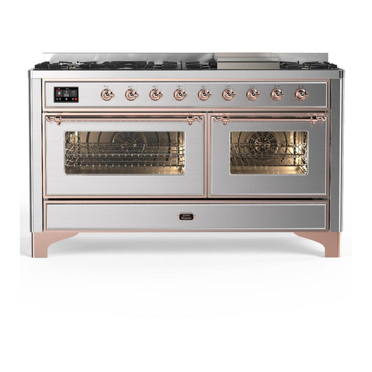 Ilve UM60FNR3SSP Ilve Um60Fnr3Ssp Majestic Iii 60 Inch Dual Fuel Range With 9 Burners And Griddle, Dual Function Burner Up To 25,000 Btu (Natural Gas, Triple Glass Door, Stainless Steel, Copper)