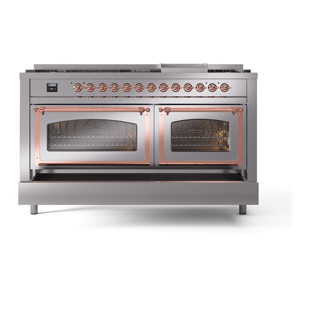 Ilve UN60FNMPSSP Ilve Un60Fnmpssp Nostalgie Ii Noblesse 60" Dual Fuel Range (9 Sealed Burners + Griddle, Natural Gas, Triple Glass Door, Stainless Steel, Copper)