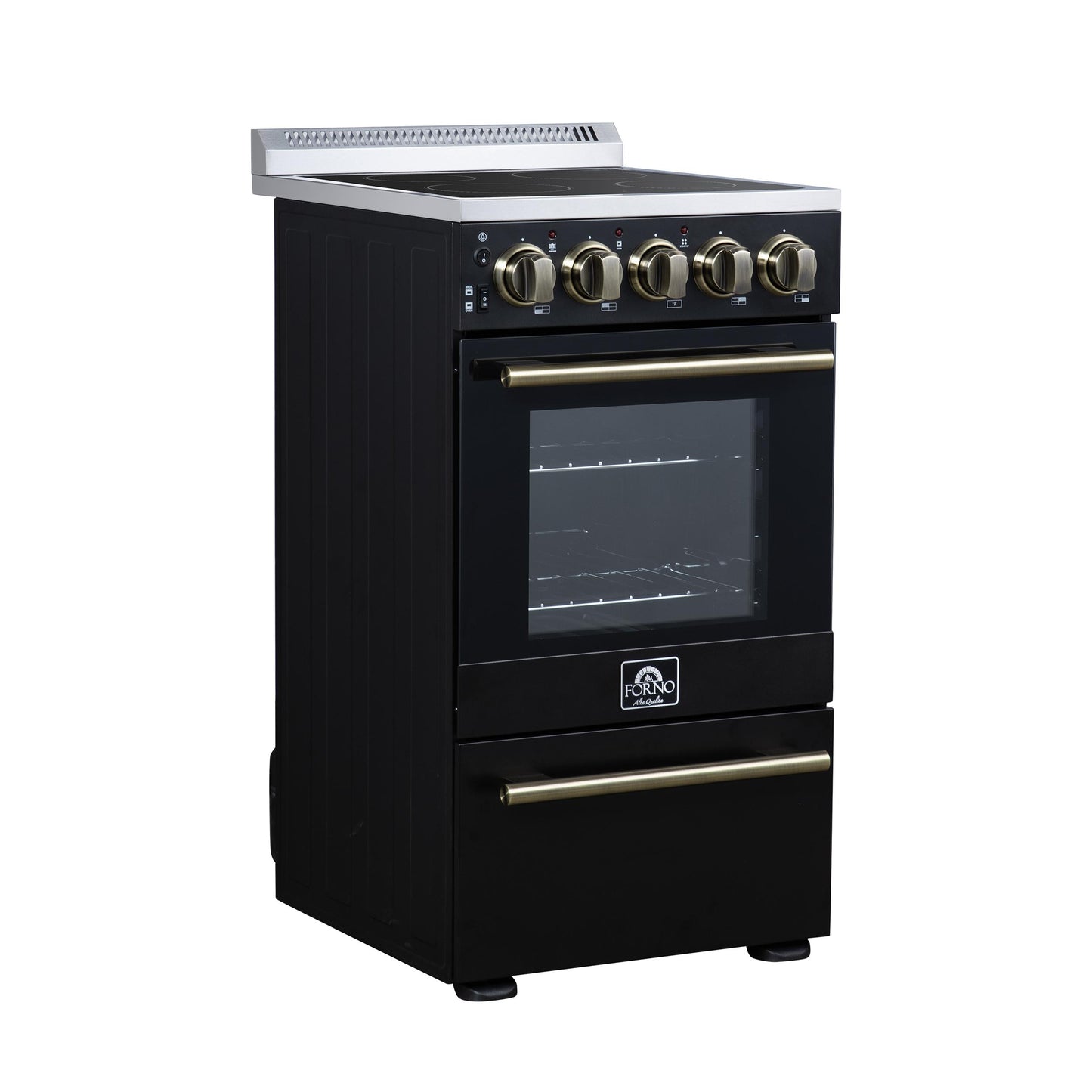 Forno FFSEL605220BLK Forno Pallerano 20 Inch Freestanding Electric Range In Black With Antique Brass, Compact Design