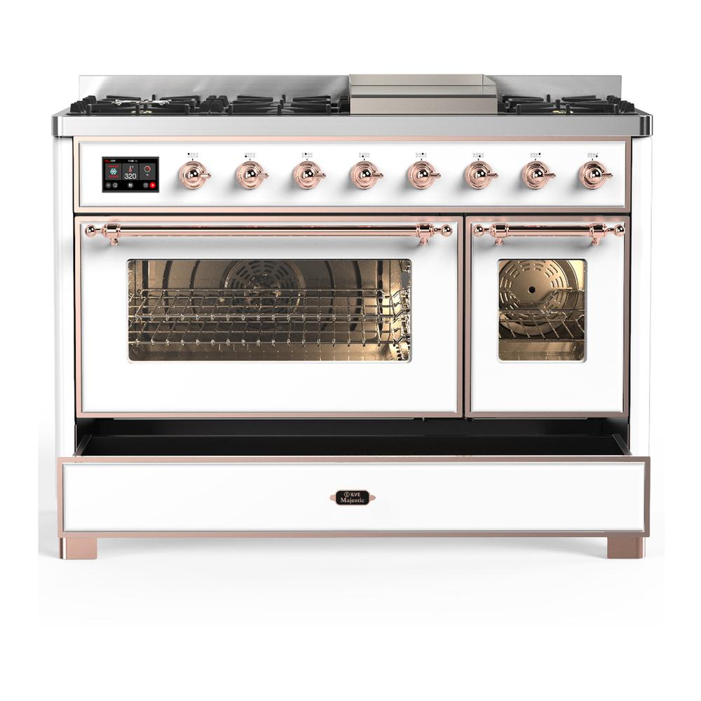 Ilve UM48FNR3WHP Ilve Um48Fnr3Whp Majestic Iii 48 Inch Dual Fuel Range With 8 Burners And Griddle, Dual Function Burner Up To 25,000 Btu (Natural Gas, Triple Glass Door, White, Copper)