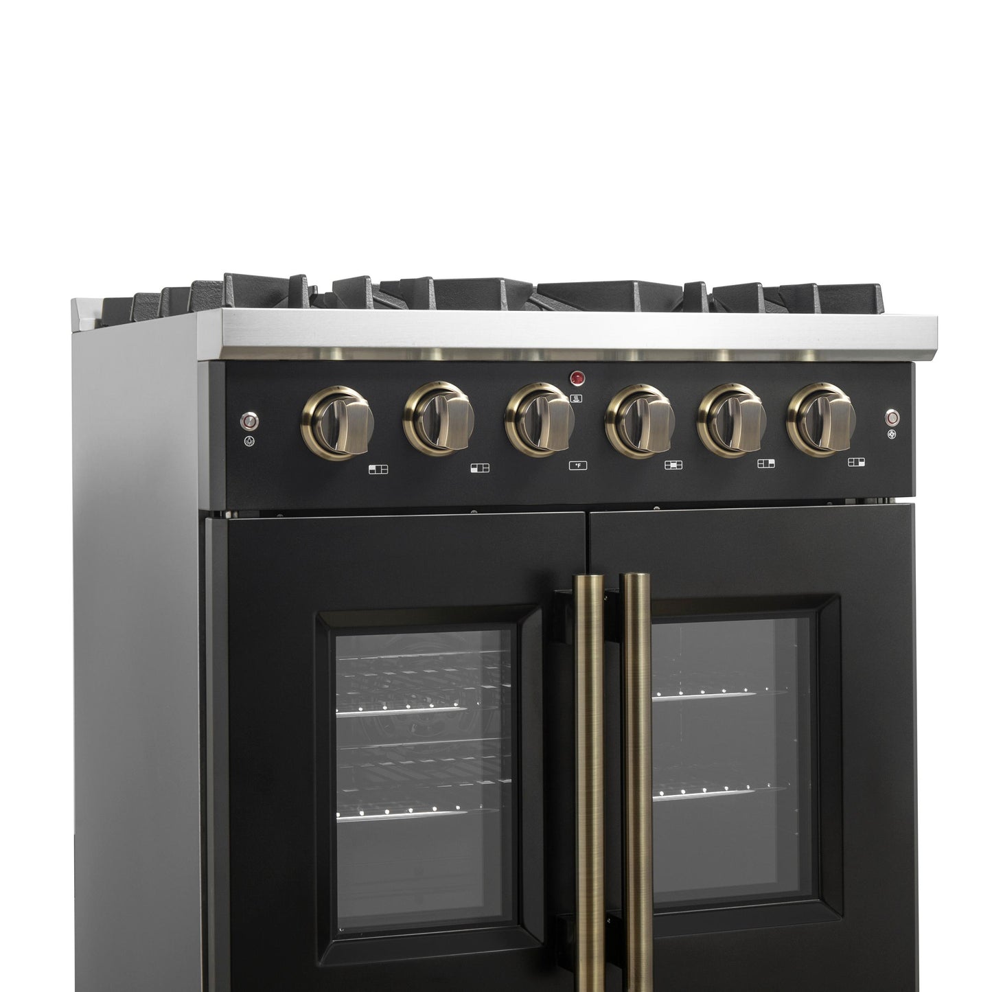 Forno FFSGS644430BLK Forno Galiano 30-Inch French Door Gas Range Black And Antique Brass Design, 5 Sealed Burners 68,000 Btu, 4.32 Cu.Ft. Convection Oven