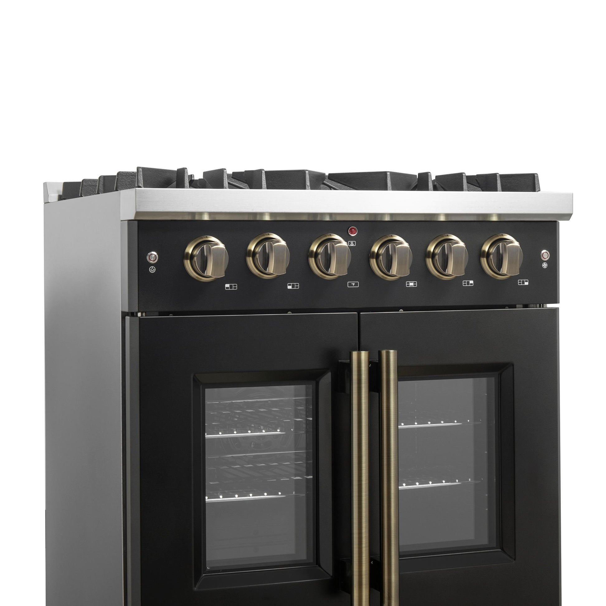 Forno FFSGS644430BLK Forno Galiano 30-Inch French Door Gas Range Black And Antique Brass Design, 5 Sealed Burners 68,000 Btu, 4.32 Cu.Ft. Convection Oven