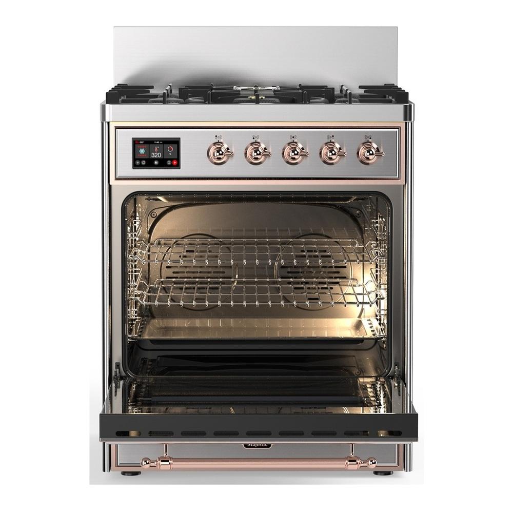 Ilve UM30QNR3SSP Ilve Um30Qnr3Ssp Majestic Iii 30 Inch Dual Fuel Range With 5 Black Brass Burners, Dual Function Burner Up To 25,000 Btu (Natural Gas, Solid Door, Stainless Steel, Copper)