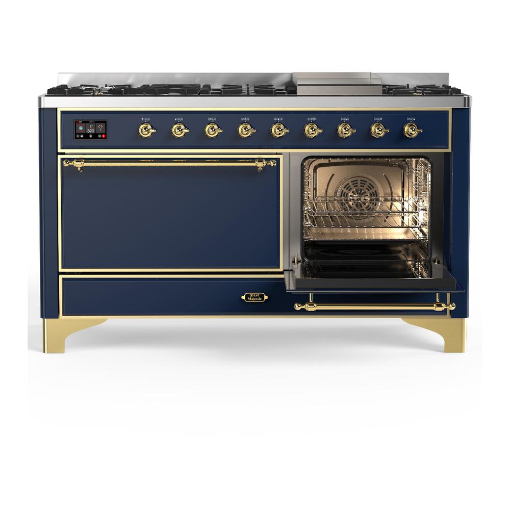 Ilve UM60FQNR3MBG Ilve Um60Fqnr3Mbg Majestic Iii 60 Inch Dual Fuel Range With 9 Burners And Griddle, Dual Function Burner Up To 25,000 Btu (Natural Gas, Solid Door, Midnight Blue, Brass)