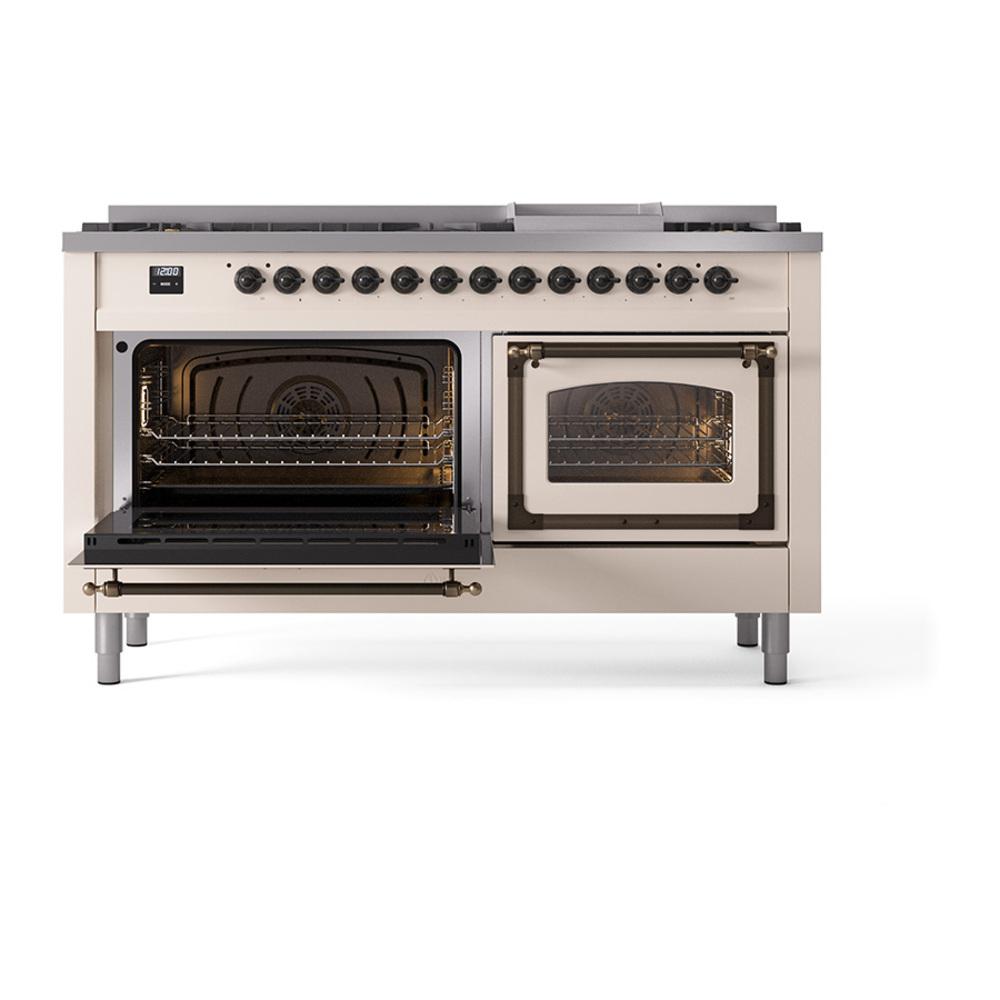 Ilve UN60FNMPAWBLP Ilve Un60Fnmpawblp Nostalgie Ii Noblesse 60" Dual Fuel Range (9 Sealed Burners + Griddle, Liquid Propane, Triple Glass Door, Antique White, Burnished)