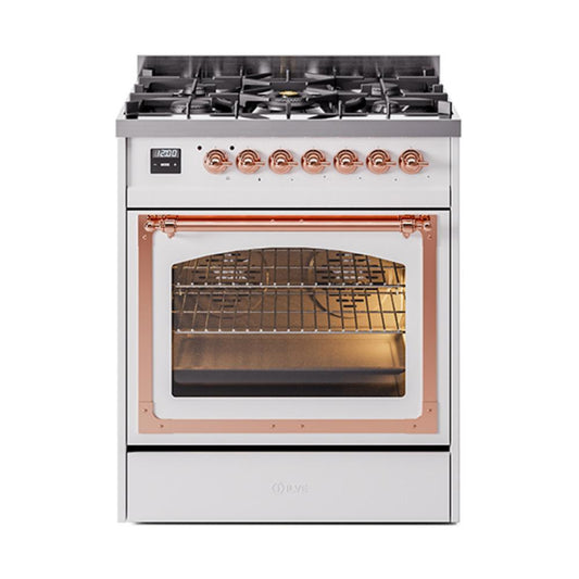 Ilve UN30NMPWHP Ilve Un30Nmpwhp Nostalgie Ii Noblesse 30" Dual Fuel Range (Natural Gas, Triple Glass Door, White, Copper)