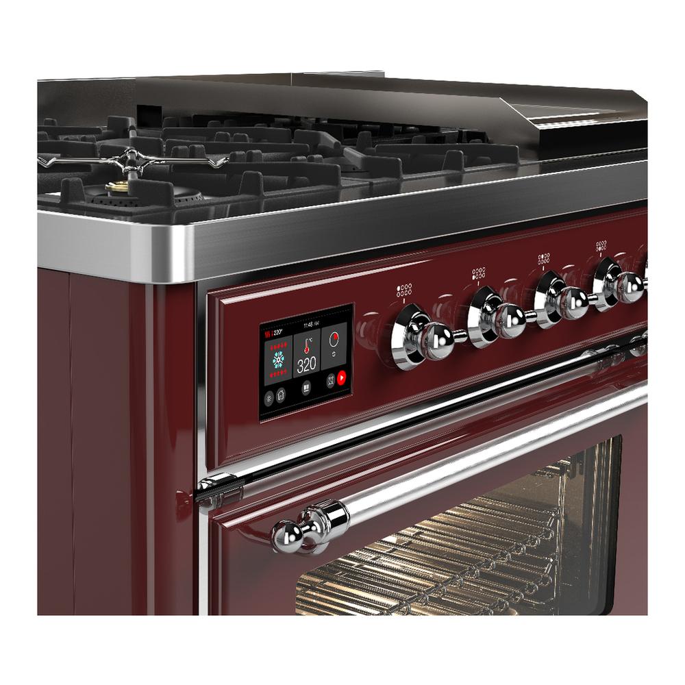 Ilve UM48FNR3BUCLP Ilve Um48Fnr3Buclp Majestic Iii 48 Inch Dual Fuel Range With 8 Burners And Griddle, Dual Function Burner Up To 25,000 Btu (Liquid Propane, Triple Glass Door, Burgundy, Chrome)