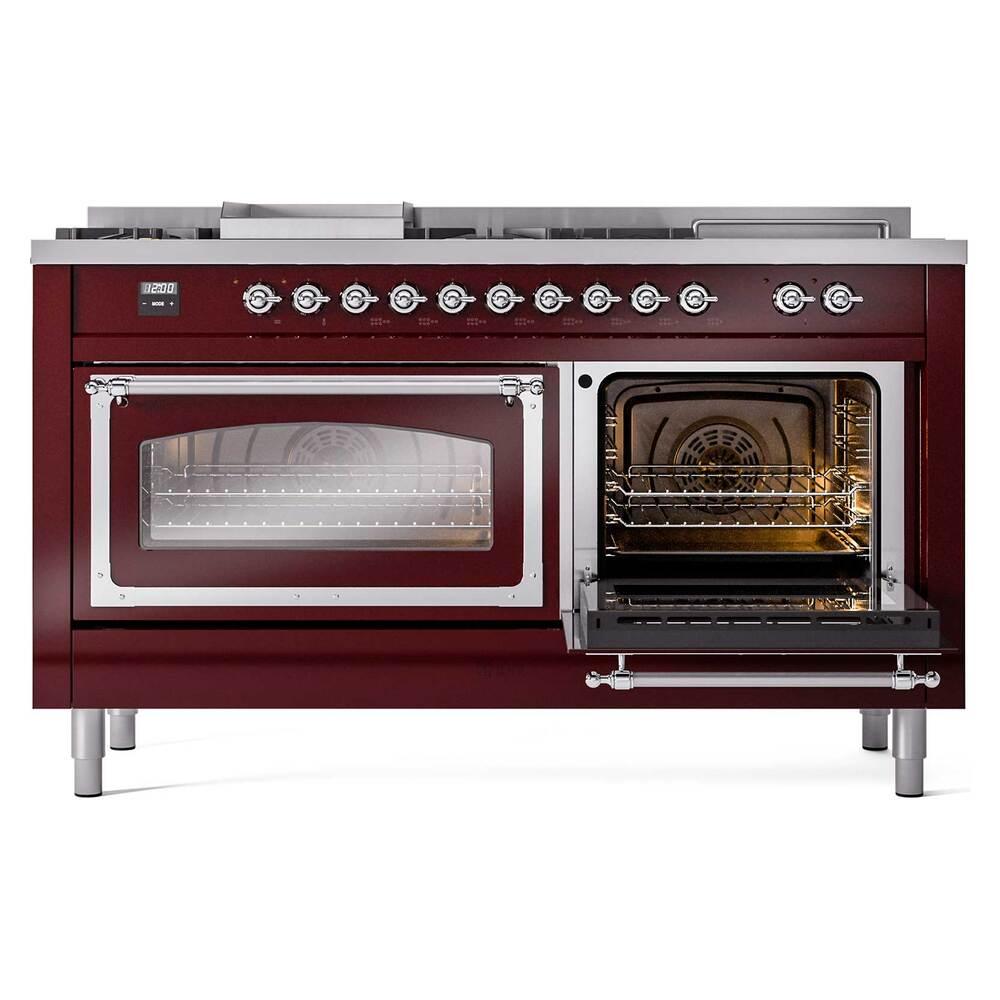 Ilve UN60FSNMPBUC Ilve Un60Fsnmpbuc Nostalgie Ii Noblesse 60" Dual Fuel Range (7 Sealed Burners + Griddle + French Top, Natural Gas, Triple Glass Door, Burgundy, Chrome)