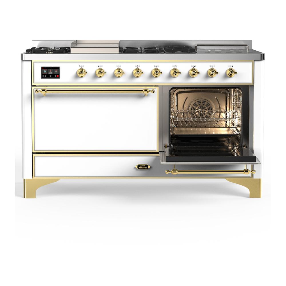 Ilve UM60FSQNR3WHGLP Ilve Um60Fsqnr3Whglp Majestic Iii 60 Inch Dual Fuel Range With 7 Burners, Griddle And French Top, Dual Function Burner With Up To 25,000 Btu (Liquid Propane, Solid Door, White, Brass)