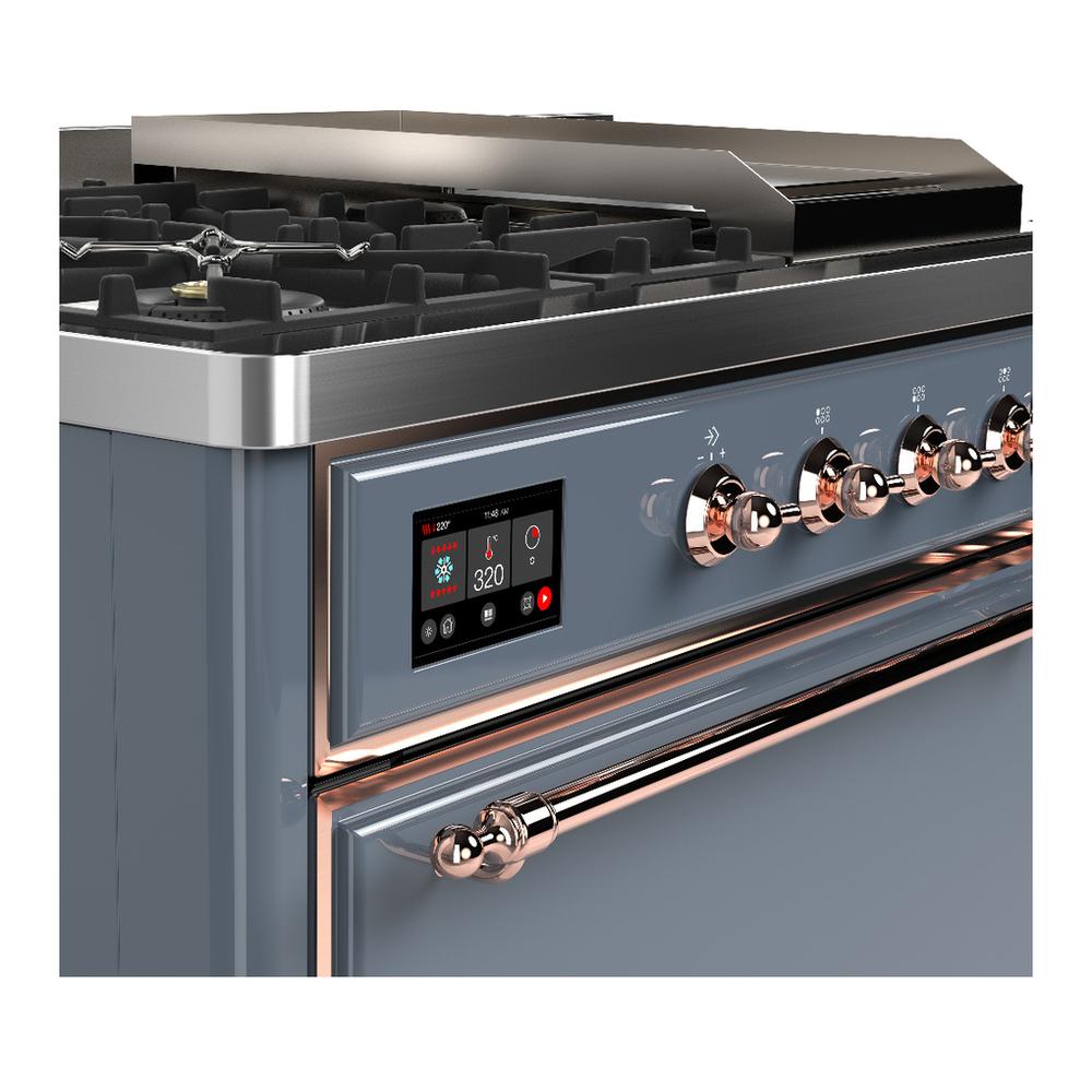 Ilve UM48FSQNR3BGP Ilve Um48Fsqnr3Bgp Majestic Iii 48 Inch Dual Fuel Range With 5 Black Brass Burners, Griddle And French Top, Dual Function Burner Up To 25,000 Btu (Natural Gas, Solid Door, Blue Grey, Copper)