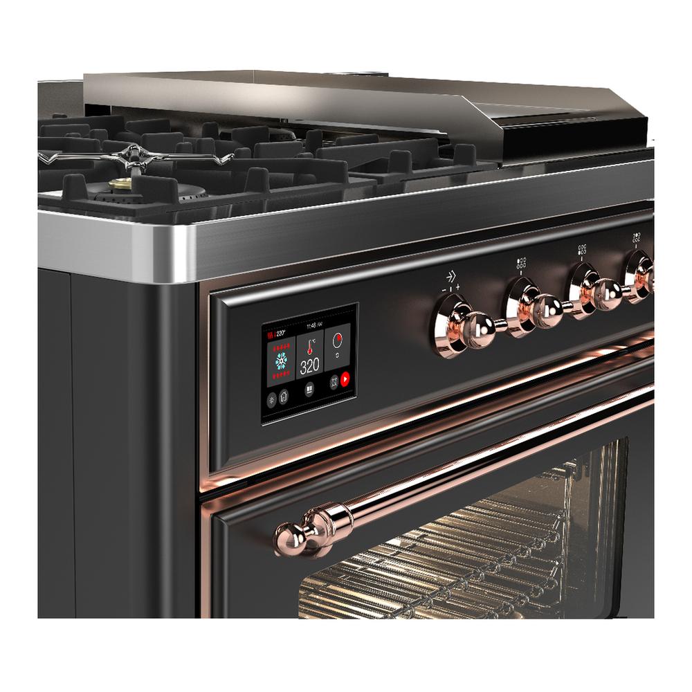 Ilve UM48FSNR3MGP Ilve Um48Fsnr3Mgp Majestic Iii 48 Inch Dual Fuel Range With 5 Black Brass Burners, Griddle And French Top, Dual Function Burner Up To 25,000 Btu (Natural Gas, Triple Glass Door, Graphite Matte, Copper)