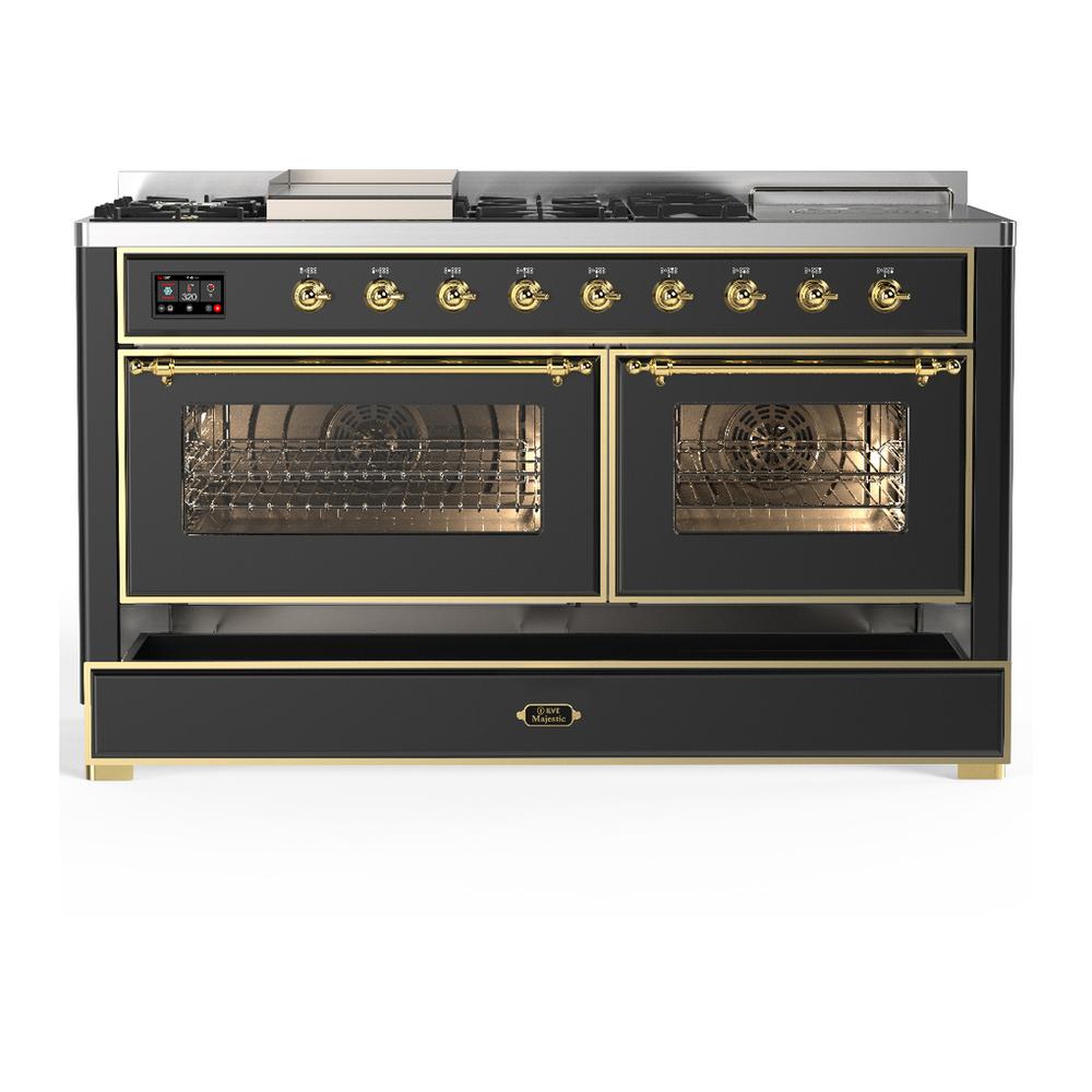 Ilve UM60FSNR3MGGLP Ilve Um60Fsnr3Mgglp Majestic Iii 60 Inch Dual Fuel Range With 7 Burners, Griddle And French Top, Dual Function Burner With Up To 25,000 Btu (Liquid Propane, Triple Glass Door, Graphite Matte, Brass)