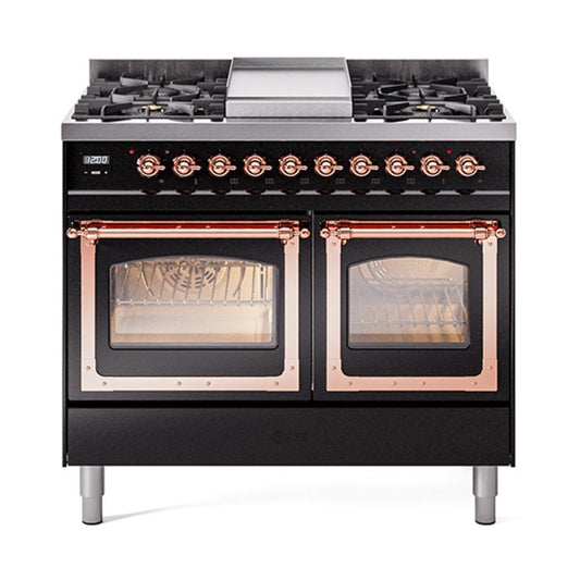Ilve UND40FNMPBKP Ilve Und40Fnmpbkp Nostalgie Ii Noblesse 40" Dual Fuel Range (Natural Gas, Triple Glass Door, Glossy Black, Copper)