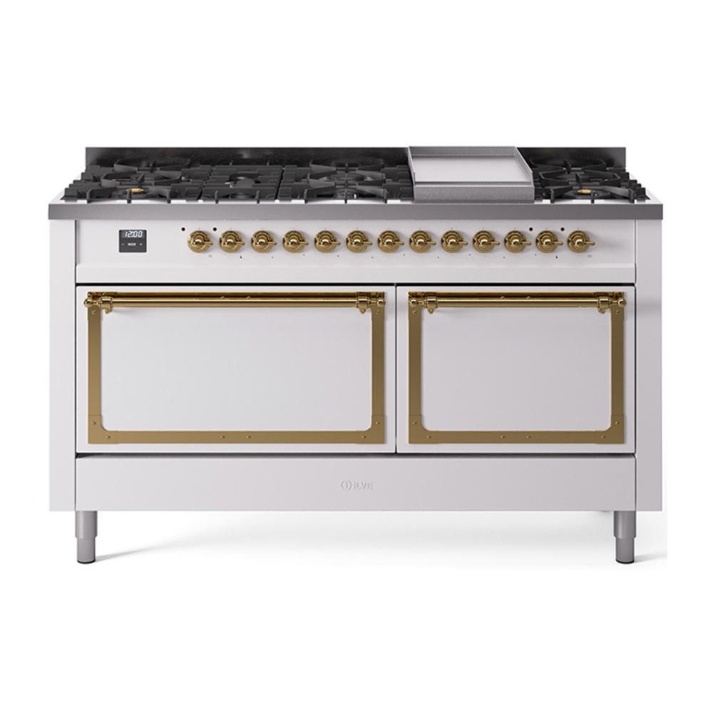 Ilve UN60FQNMPWHG Ilve Un60Fqnmpwhg Nostalgie Ii Noblesse 60" Dual Fuel Range (9 Sealed Burners + Griddle, Natural Gas, Solid Door, White, Brass)