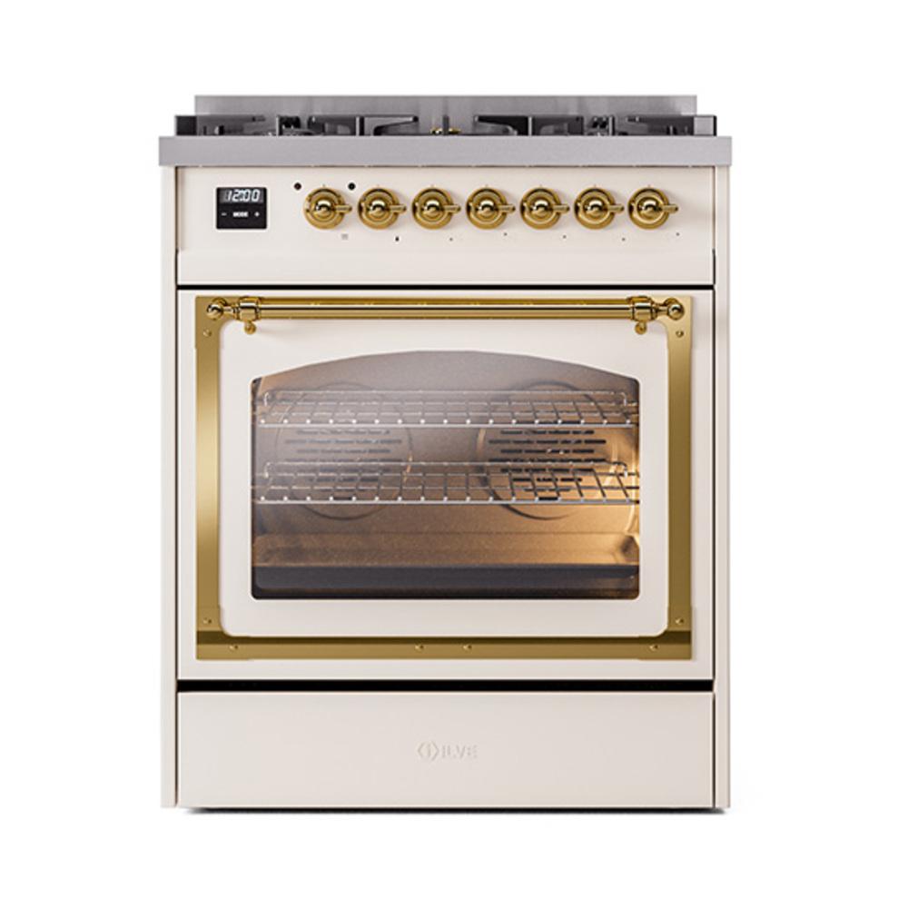 Ilve UN30NMPAWGLP Ilve Un30Nmpawglp Nostalgie Ii Noblesse 30" Dual Fuel Range (Liquid Propane, Triple Glass Door, Antique White, Brass)