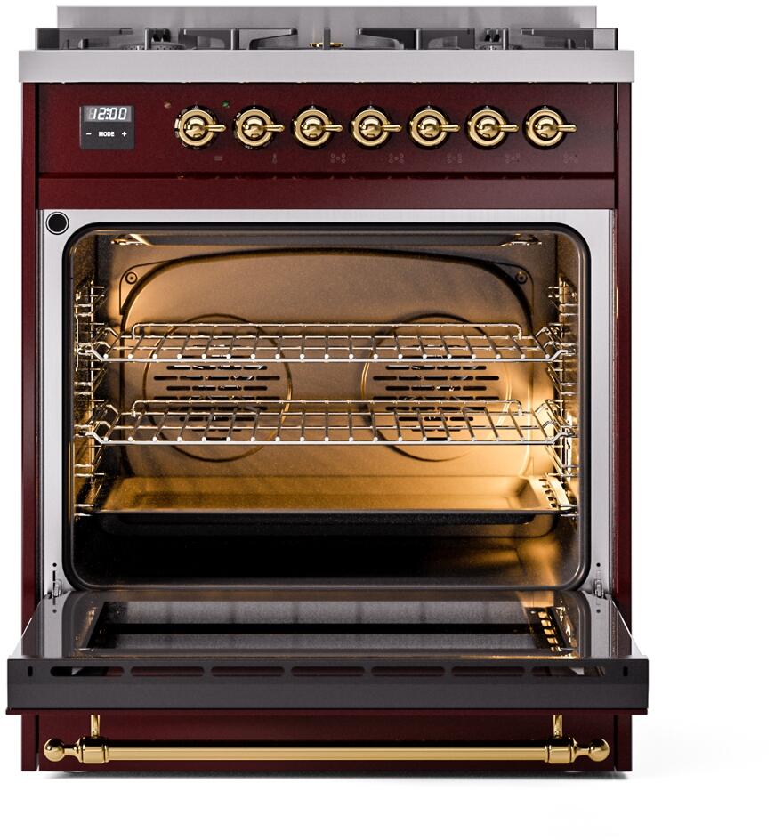Ilve UP30NMPBUGLP Nostalgie Ii 30 Inch Dual Fuel Liquid Propane Freestanding Range In Burgundy With Brass Trim