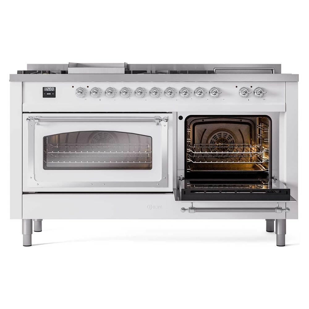 Ilve UN60FSNMPWHCLP Ilve Un60Fsnmpwhclp Nostalgie Ii Noblesse 60" Dual Fuel Range (7 Sealed Burners + Griddle + French Top, Liquid Propane, Triple Glass Door, White, Chrome)