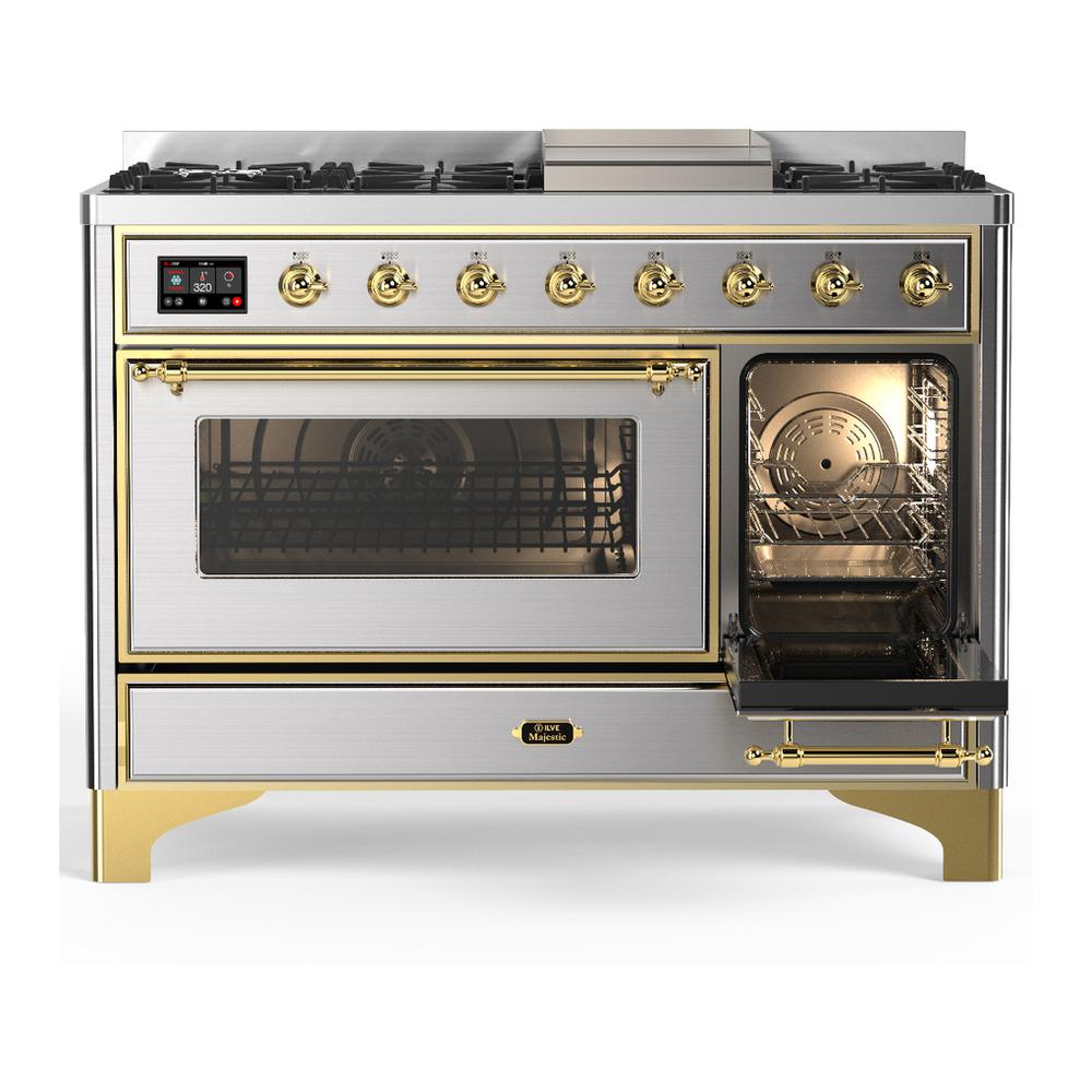 Ilve UM48FNR3SSGLP Ilve Um48Fnr3Ssglp Majestic Iii 48 Inch Dual Fuel Range With 8 Burners And Griddle, Dual Function Burner Up To 25,000 Btu (Liquid Propane, Triple Glass Door, Stainless Steel, Brass)