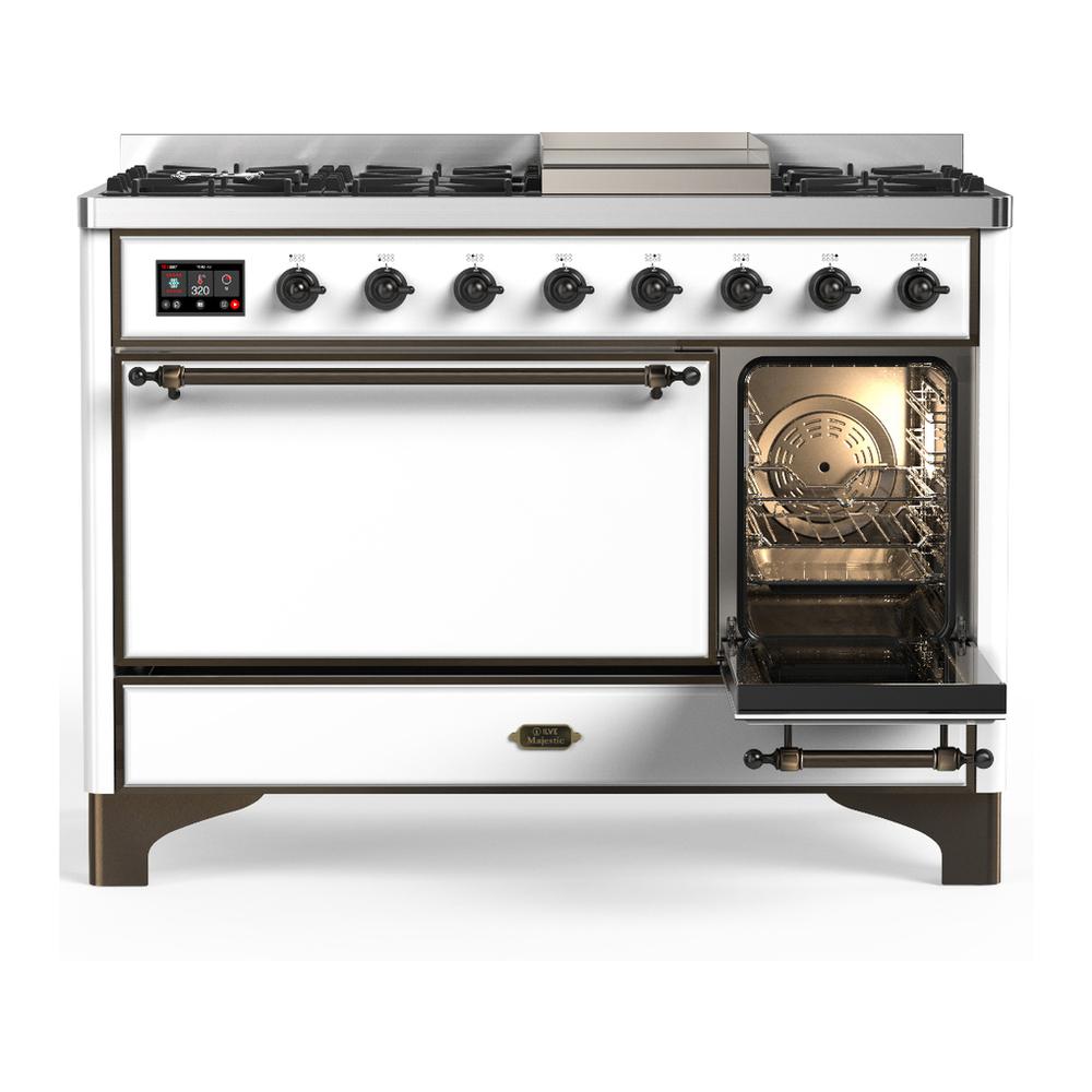 Ilve UM48FQNR3WHBLP Ilve Um48Fqnr3Whblp Majestic Iii 48 Inch Dual Fuel Range With 8 Burners And Griddle, Dual Function Burner Up To 25,000 Btu (Liquid Propane, Solid Door, White, Burnished)