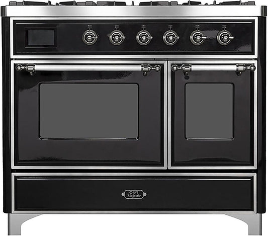 Ilve UMD10FDNS3BKC Majestic Ii 40 Inch Dual Fuel Natural Gas Freestanding Range In Glossy Black With Chrome Trim