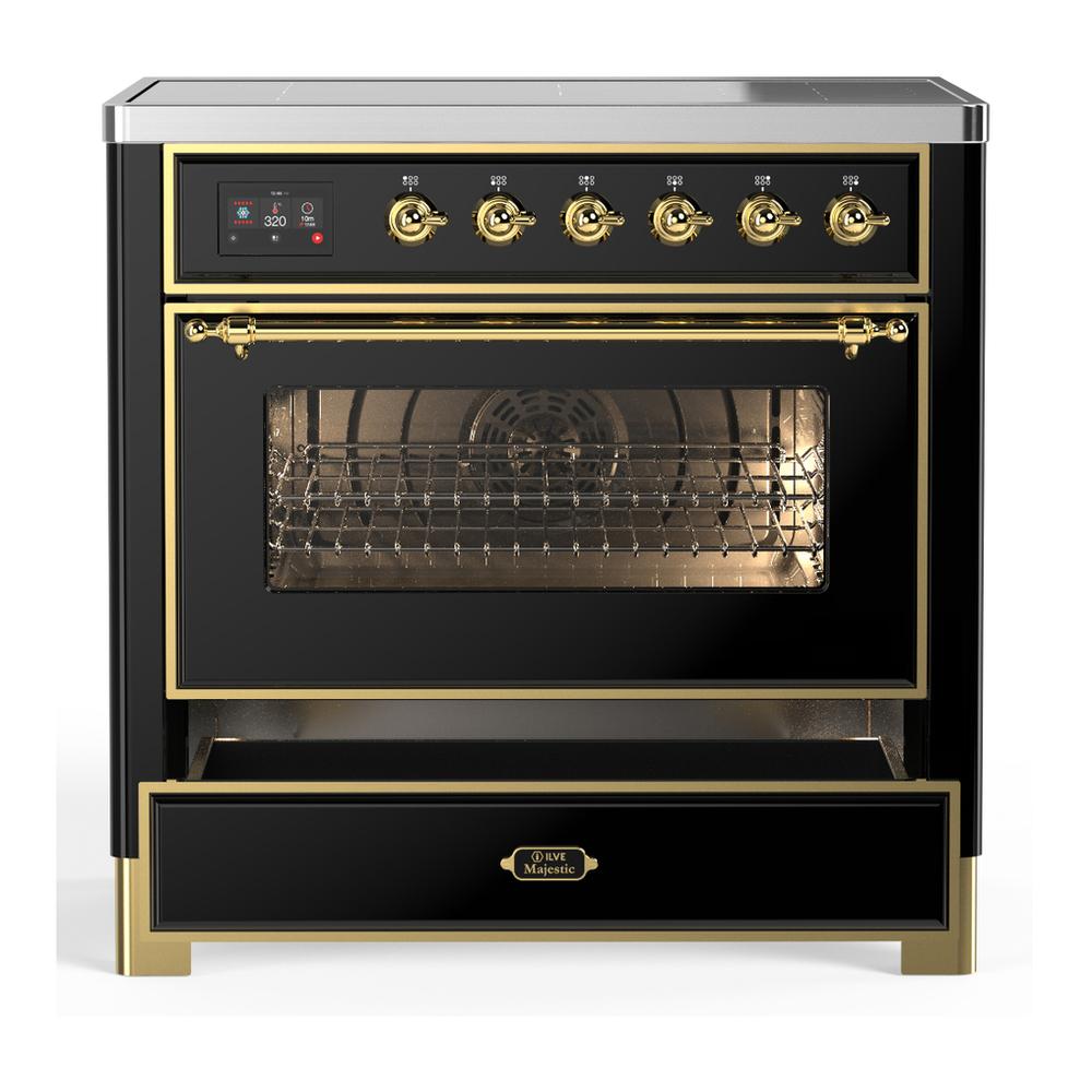 Ilve UMIB36NR3BKG Ilve Umib36Nr3Bkg Majestic Iii 36 Inch Induction Range With 6 Elements, 3.5 Cu. Ft. Total Oven Capacity (Triple Glass Door, Glossy Black, Brass)