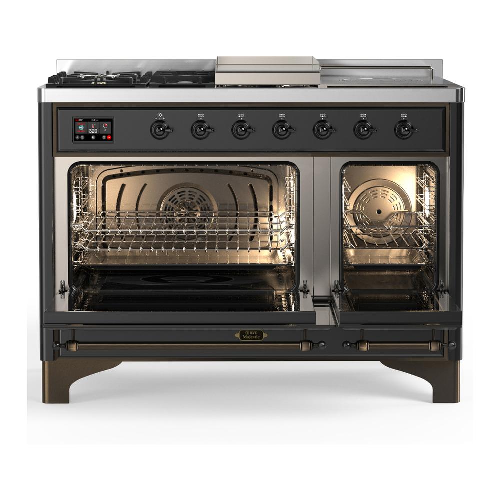 Ilve UM48FSQNR3MGB Ilve Um48Fsqnr3Mgb Majestic Iii 48 Inch Dual Fuel Range With 5 Black Brass Burners, Griddle And French Top, Dual Function Burner Up To 25,000 Btu (Natural Gas, Solid Door, Graphite Matte, Burnished)