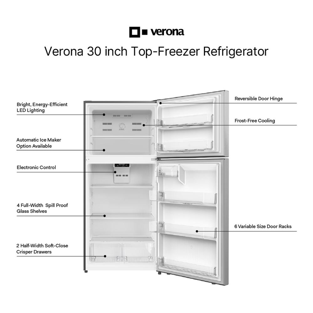 Verona VEFTF3018RWH Verona Veftf3018Rwh 30 Inch Top Freezer Refrigerator With 18.1 Cu. Ft. Total Capacity, Led Lighting, Reversible Doors, Gallon Door Storage, Recessed Handle, Energy Star (White)