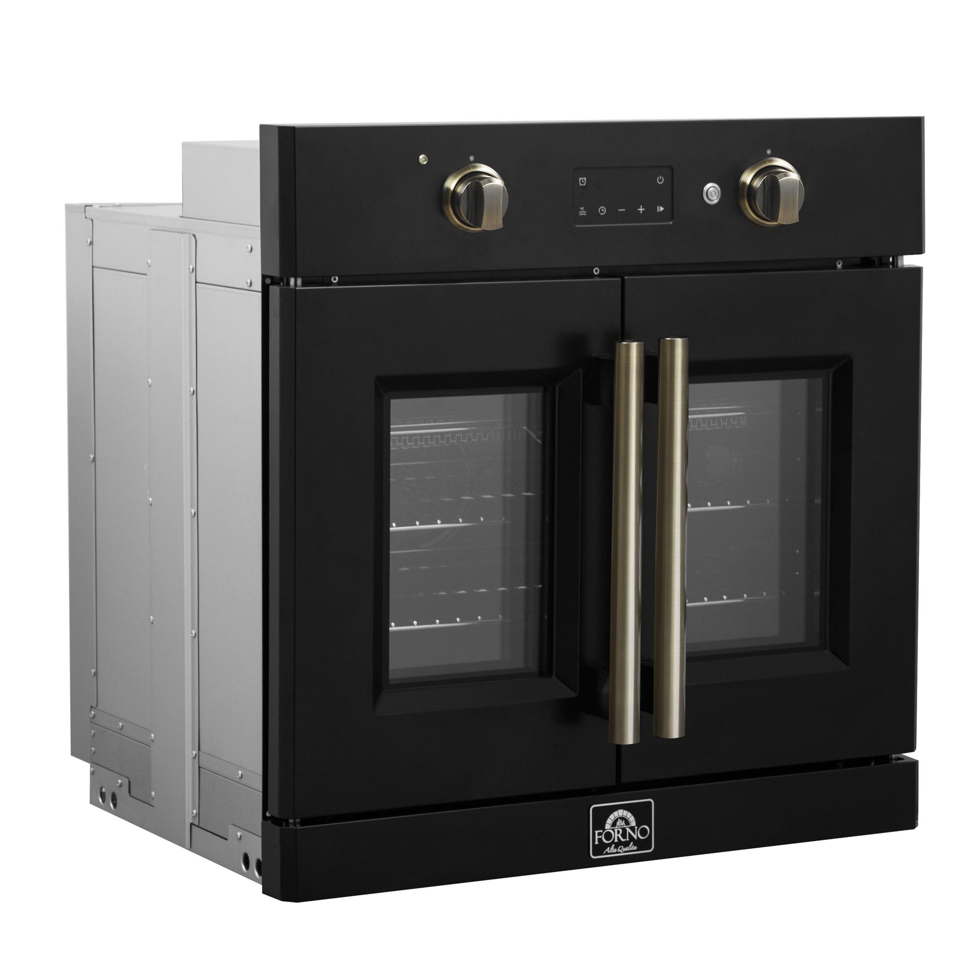 Forno FBOEL133330BLK Forno Asti 30-Inch French Door Electric Wall Oven In Black & Antique Brass, 3.68 Cu. Ft. True Convection, 3,600W, Air Fry, Sous Vide, Self-Clean