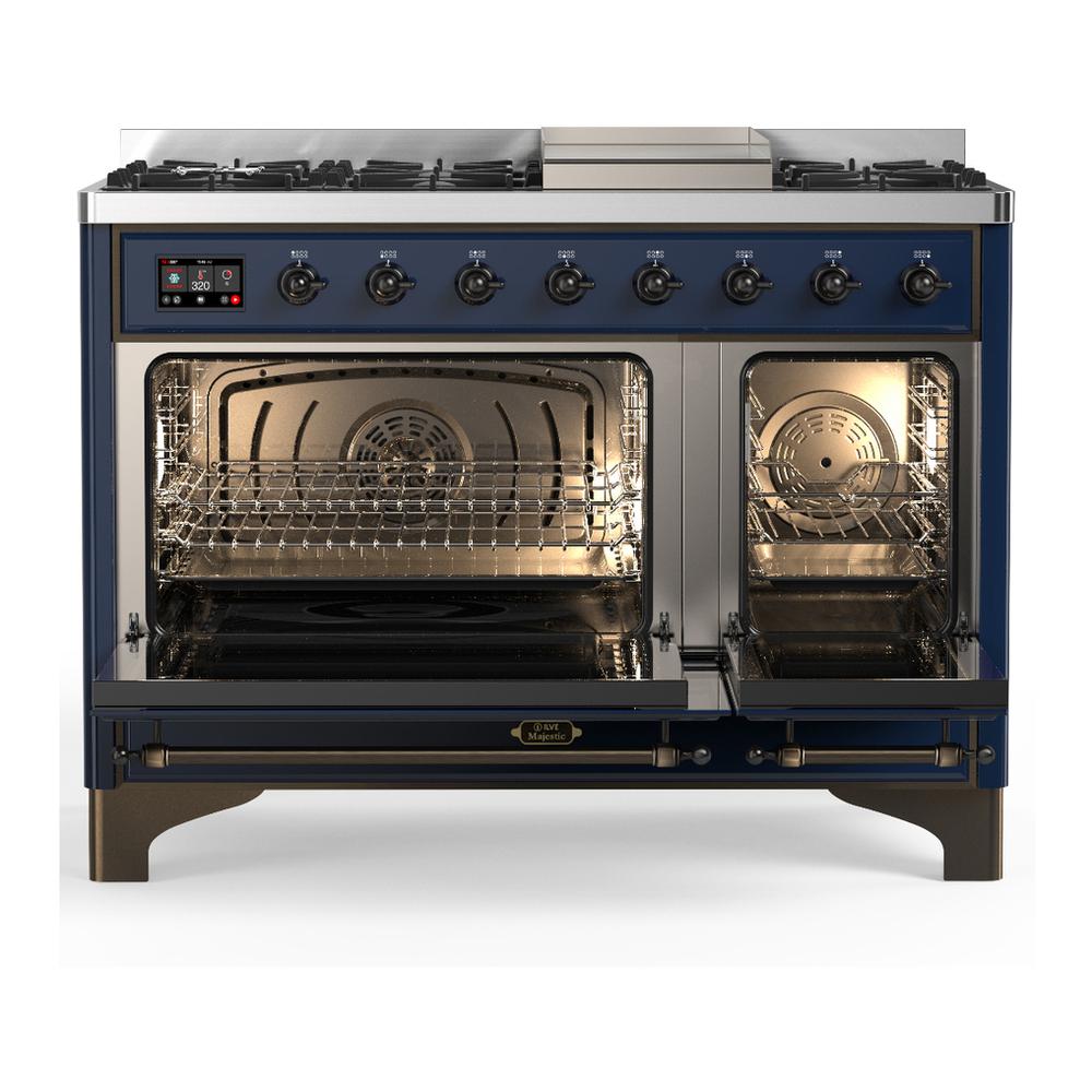 Ilve UM48FQNR3MBB Ilve Um48Fqnr3Mbb Majestic Iii 48 Inch Dual Fuel Range With 8 Burners And Griddle, Dual Function Burner Up To 25,000 Btu (Natural Gas, Solid Door, Midnight Blue, Burnished)