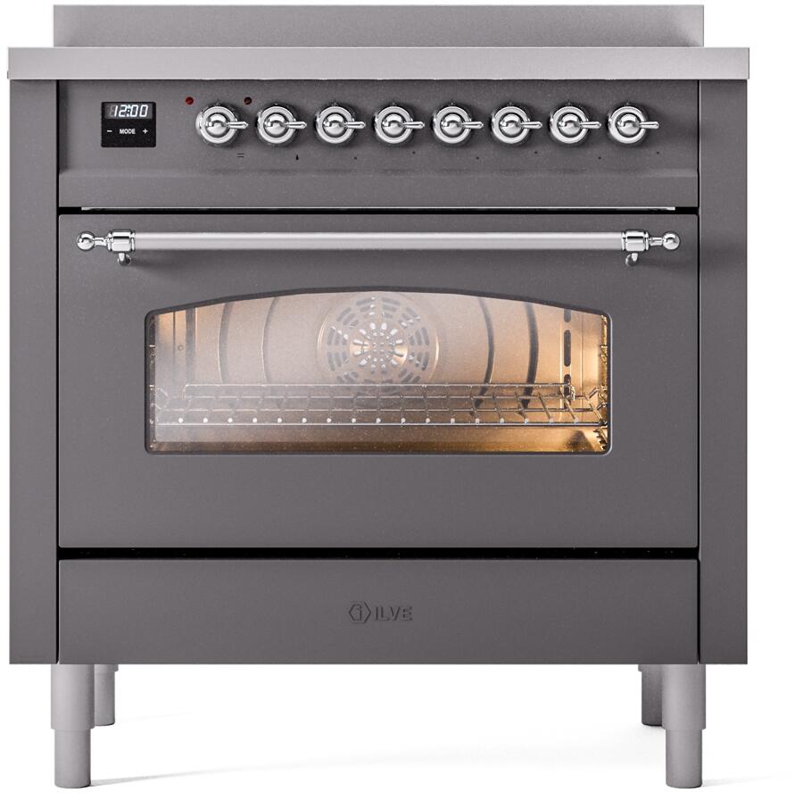 Ilve UPI366NMPMGC Nostalgie Ii 36 Inch Electric Freestanding Range In Matte Graphite With Chrome Trim