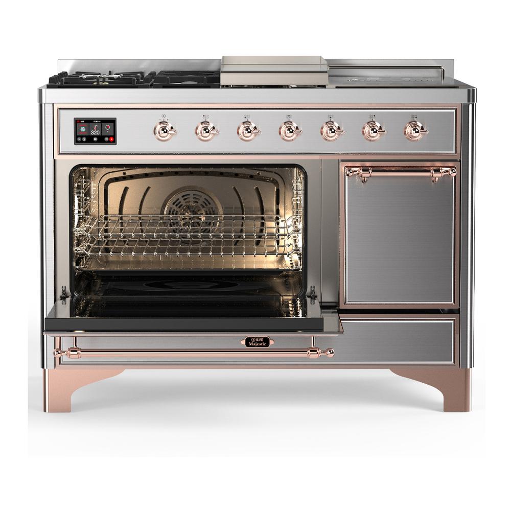Ilve UM48FSQNR3SSPLP Ilve Um48Fsqnr3Ssplp Majestic Iii 48 Inch Dual Fuel Range With 5 Black Brass Burners, Griddle And French Top, Dual Function Burner Up To 25,000 Btu (Liquid Propane, Solid Door, Stainless Steel, Copper)