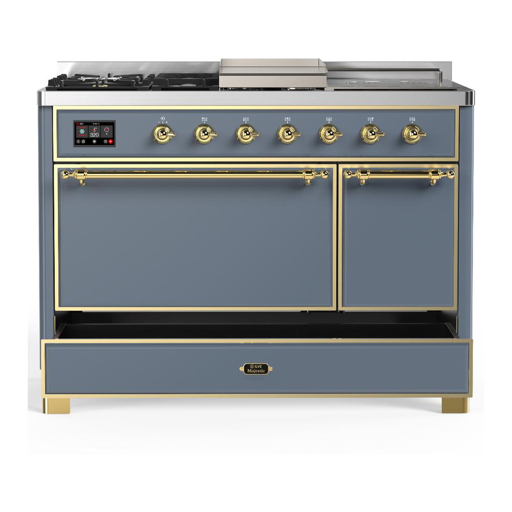 Ilve UM48FSQNR3BGGLP Ilve Um48Fsqnr3Bgglp Majestic Iii 48 Inch Dual Fuel Range With 5 Black Brass Burners, Griddle And French Top, Dual Function Burner Up To 25,000 Btu (Liquid Propane, Solid Door, Blue Grey, Brass)