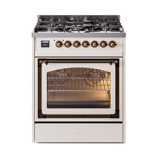 Ilve UN30NMPAWB Ilve Un30Nmpawb Nostalgie Ii Noblesse 30" Dual Fuel Range (Natural Gas, Triple Glass Door, Antique White, Burnished)