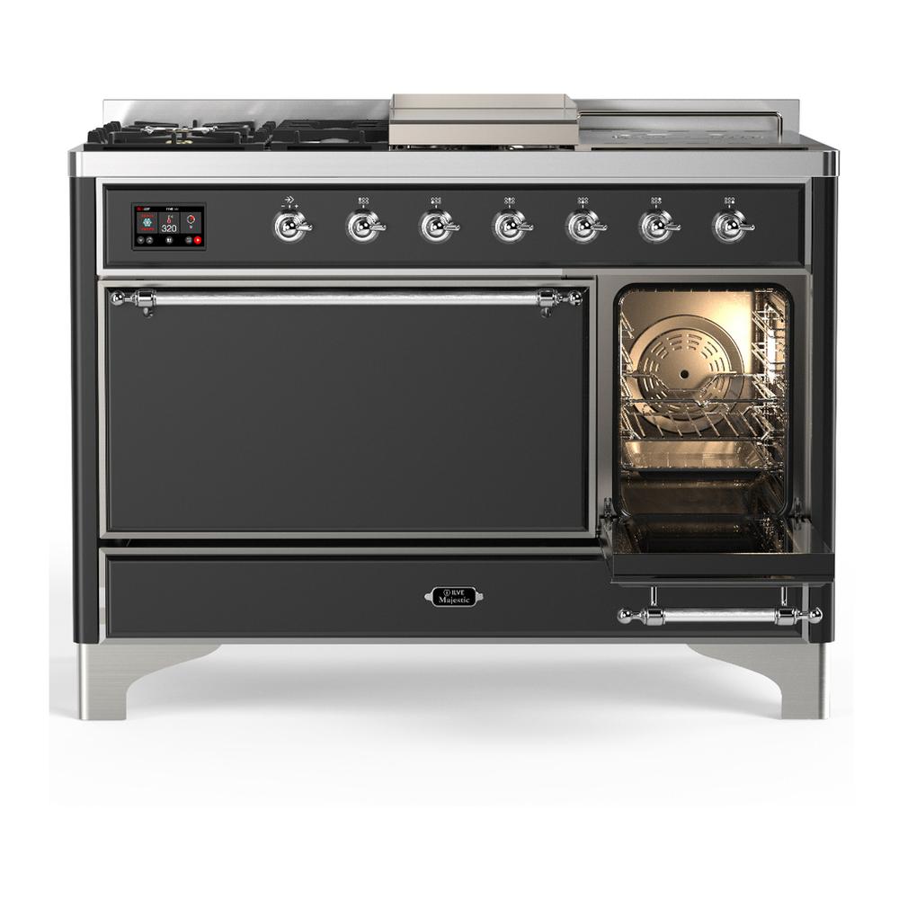 Ilve UM48FSQNR3MGCLP Ilve Um48Fsqnr3Mgclp Majestic Iii 48 Inch Dual Fuel Range With 5 Black Brass Burners, Griddle And French Top, Dual Function Burner Up To 25,000 Btu (Liquid Propane, Solid Door, Graphite Matte, Chrome)