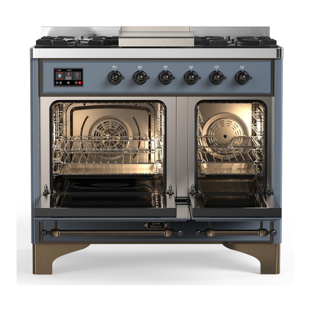 Ilve UMD40FNR3BGBLP Ilve Umd40Fnr3Bgblp Majestic Iii 40 Inch Dual Fuel Range With 6 Burners And Griddle, Dual Function Burner Up To 25,000 Btu (Liquid Propane, Triple Glass Door, Blue Grey, Burnished)