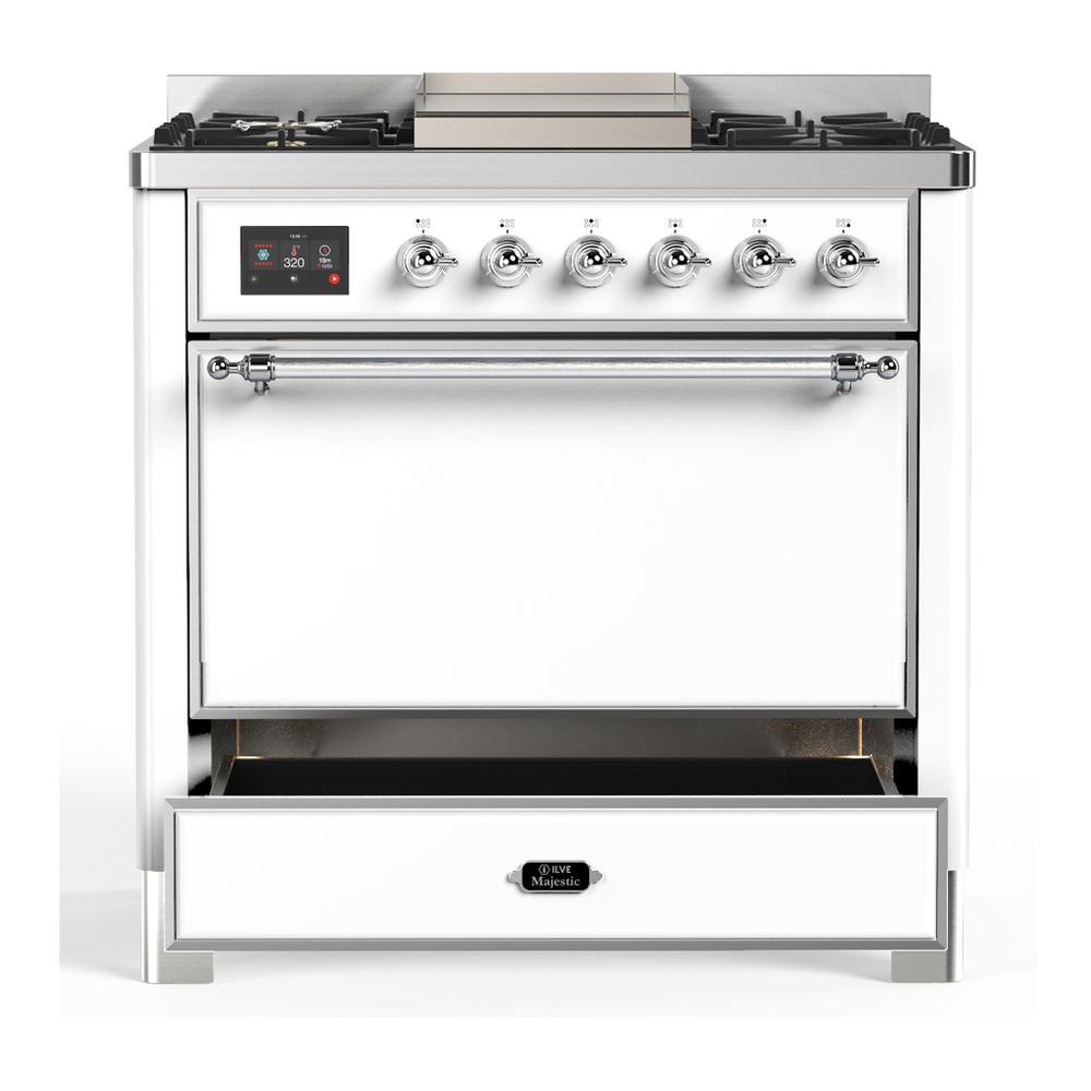 Ilve UM36FQNR3WHCLP Ilve Um36Fqnr3Whclp Majestic Iii 36 Inch Dual Fuel Range With 6 Black Brass Burners And Griddle, Dual Function Burner Up To 25,000 Btu (Solid Door, White, Chrome, Liquid Propane)