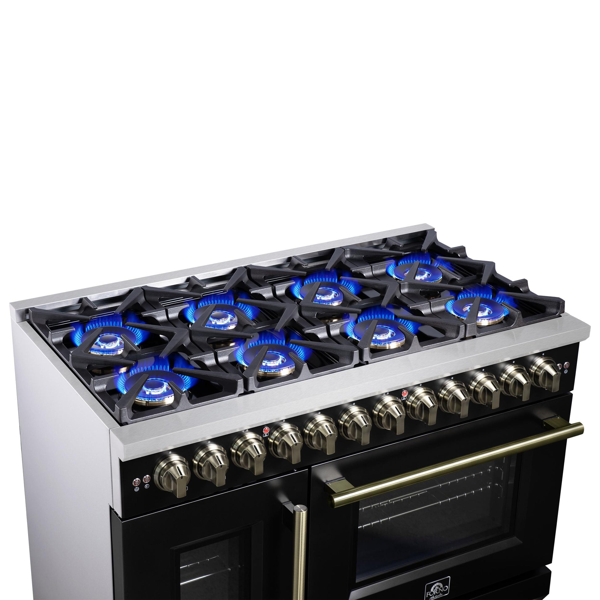 Forno FFSGS638748BLK Forno Capriasca 48 Inch Freestanding French Door Dual Fuel Range In Black With Antique Brass Accessories, 8 Burners, True Convection Oven