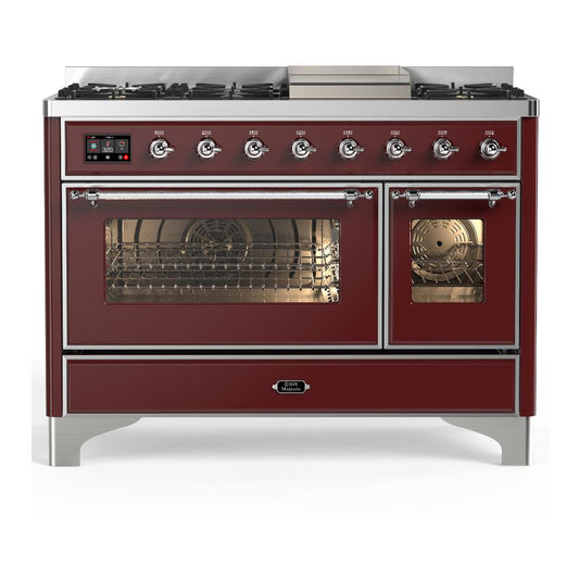 Ilve UM48FNR3BUCLP Ilve Um48Fnr3Buclp Majestic Iii 48 Inch Dual Fuel Range With 8 Burners And Griddle, Dual Function Burner Up To 25,000 Btu (Liquid Propane, Triple Glass Door, Burgundy, Chrome)