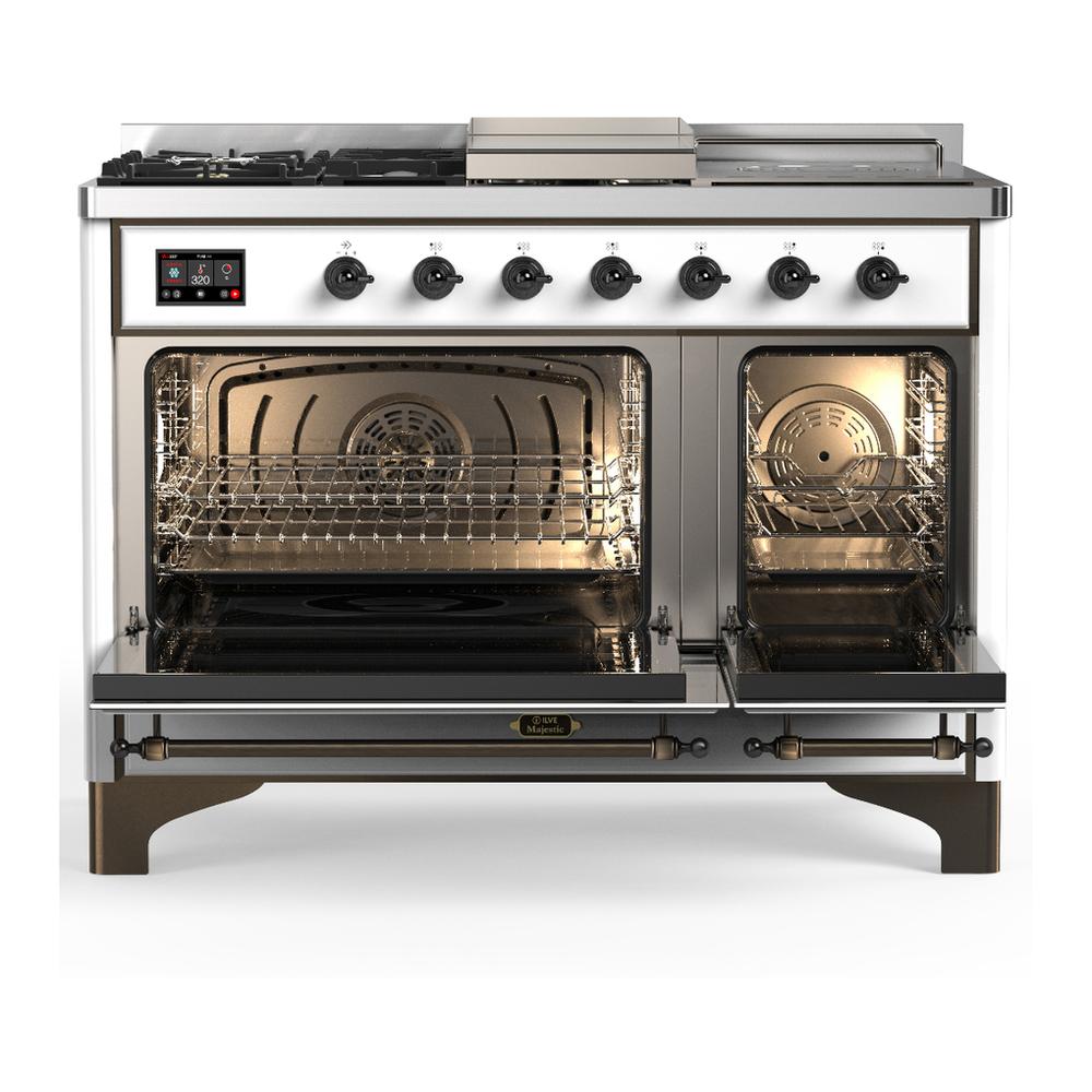 Ilve UM48FSQNR3WHB Ilve Um48Fsqnr3Whb Majestic Iii 48 Inch Dual Fuel Range With 5 Black Brass Burners, Griddle And French Top, Dual Function Burner Up To 25,000 Btu (Natural Gas, Solid Door, White, Burnished)