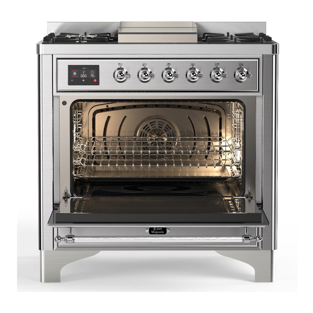 Ilve UM36FNR3SSCLP Ilve Um36Fnr3Ssclp Majestic Iii 36 Inch Dual Fuel Range With 6 Black Brass Burners And Griddle, Dual Function Burner Up To 25,000 Btu (Triple Glass Door, Stainless Steel, Chrome, Liquid Propane)