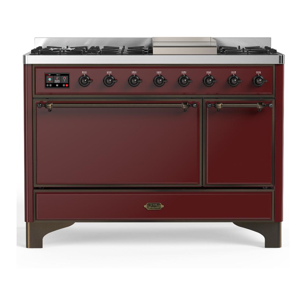 Ilve UM48FQNR3BUB Ilve Um48Fqnr3Bub Majestic Iii 48 Inch Dual Fuel Range With 8 Burners And Griddle, Dual Function Burner Up To 25,000 Btu (Natural Gas, Solid Door, Burgundy, Burnished)