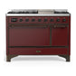 Ilve UM48FQNR3BUB Ilve Um48Fqnr3Bub Majestic Iii 48 Inch Dual Fuel Range With 8 Burners And Griddle, Dual Function Burner Up To 25,000 Btu (Natural Gas, Solid Door, Burgundy, Burnished)
