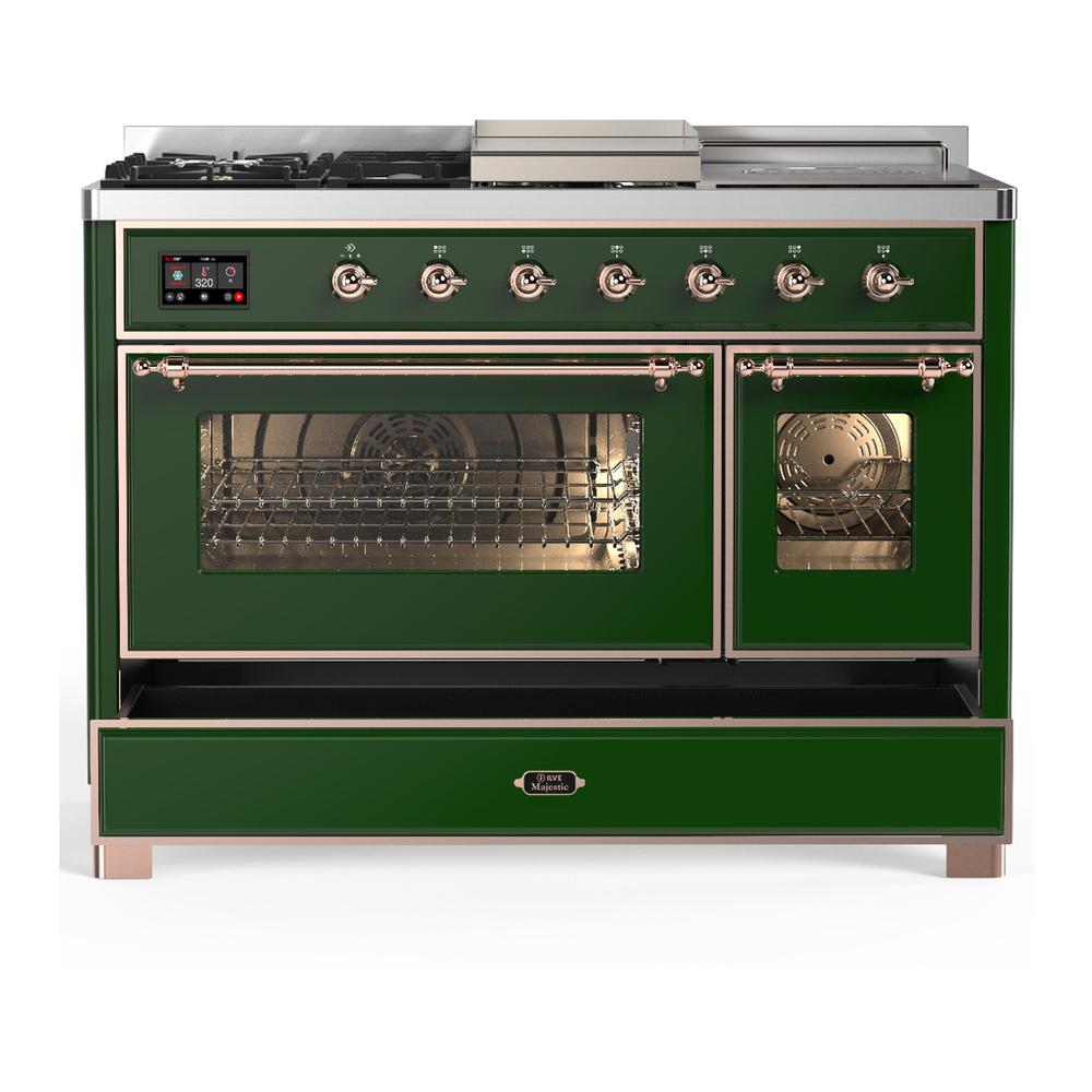 Ilve UM48FSNR3EGP Ilve Um48Fsnr3Egp Majestic Iii 48 Inch Dual Fuel Range With 5 Black Brass Burners, Griddle And French Top, Dual Function Burner Up To 25,000 Btu (Natural Gas, Triple Glass Door, Emerald Green, Copper)