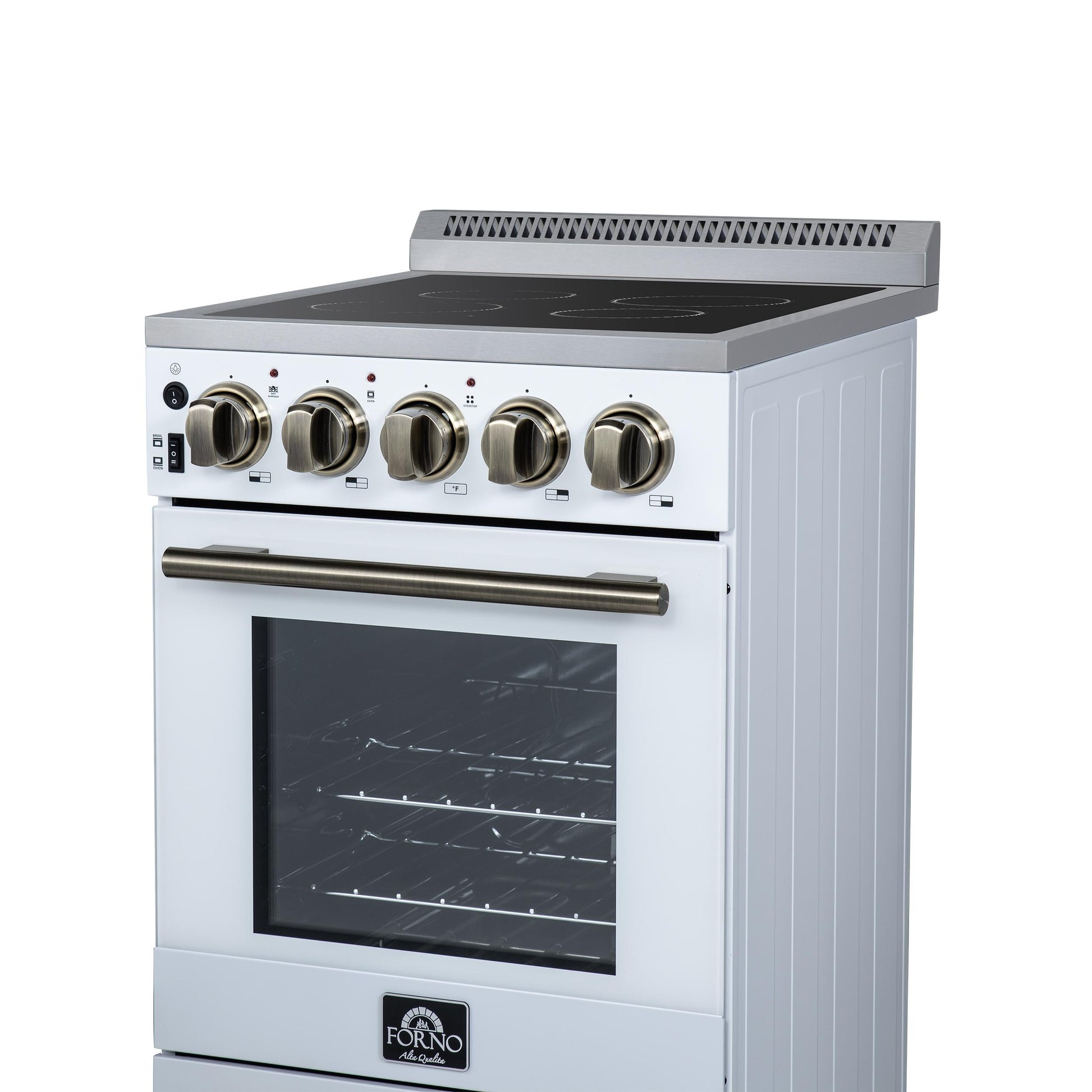 Forno FFSEL605220WHT Forno Pallerano 20 Inch Freestanding Electric Range In White With Antique Brass, Compact Design