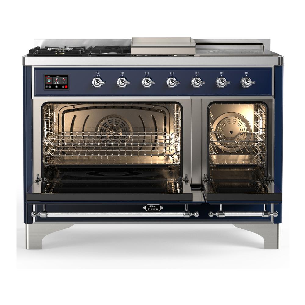Ilve UM48FSQNR3MBCLP Ilve Um48Fsqnr3Mbclp Majestic Iii 48 Inch Dual Fuel Range With 5 Black Brass Burners, Griddle And French Top, Dual Function Burner Up To 25,000 Btu (Liquid Propane, Solid Door, Midnight Blue, Chrome)