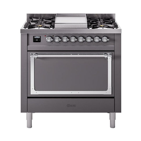 Ilve UN36FQNMPMGCLP Ilve Un36Fqnmpmgclp Nostalgie Ii Noblesse 36" Dual Fuel Range (Liquid Propane, Solid Door, Graphite Matte, Chrome)