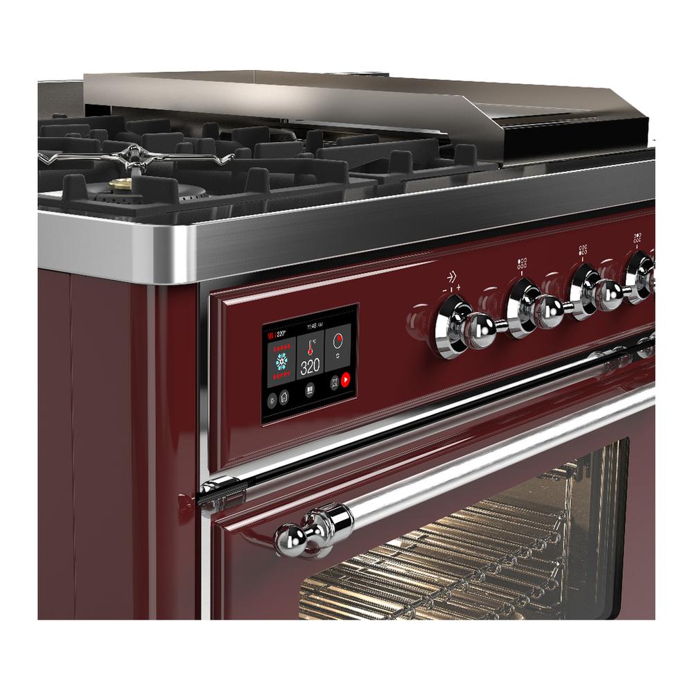 Ilve UM48FSNR3BUC Ilve Um48Fsnr3Buc Majestic Iii 48 Inch Dual Fuel Range With 5 Black Brass Burners, Griddle And French Top, Dual Function Burner Up To 25,000 Btu (Natural Gas, Triple Glass Door, Burgundy, Chrome)