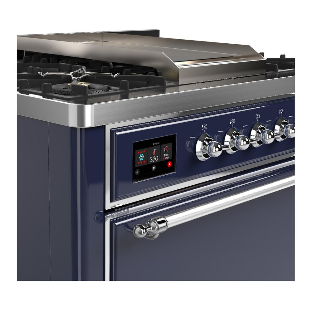 Ilve UM36FQNR3MBC Ilve Um36Fqnr3Mbc Majestic Iii 36 Inch Dual Fuel Range With 6 Black Brass Burners And Griddle, Dual Function Burner Up To 25,000 Btu (Solid Door, Midnight Blue, Chrome, Natural Gas)